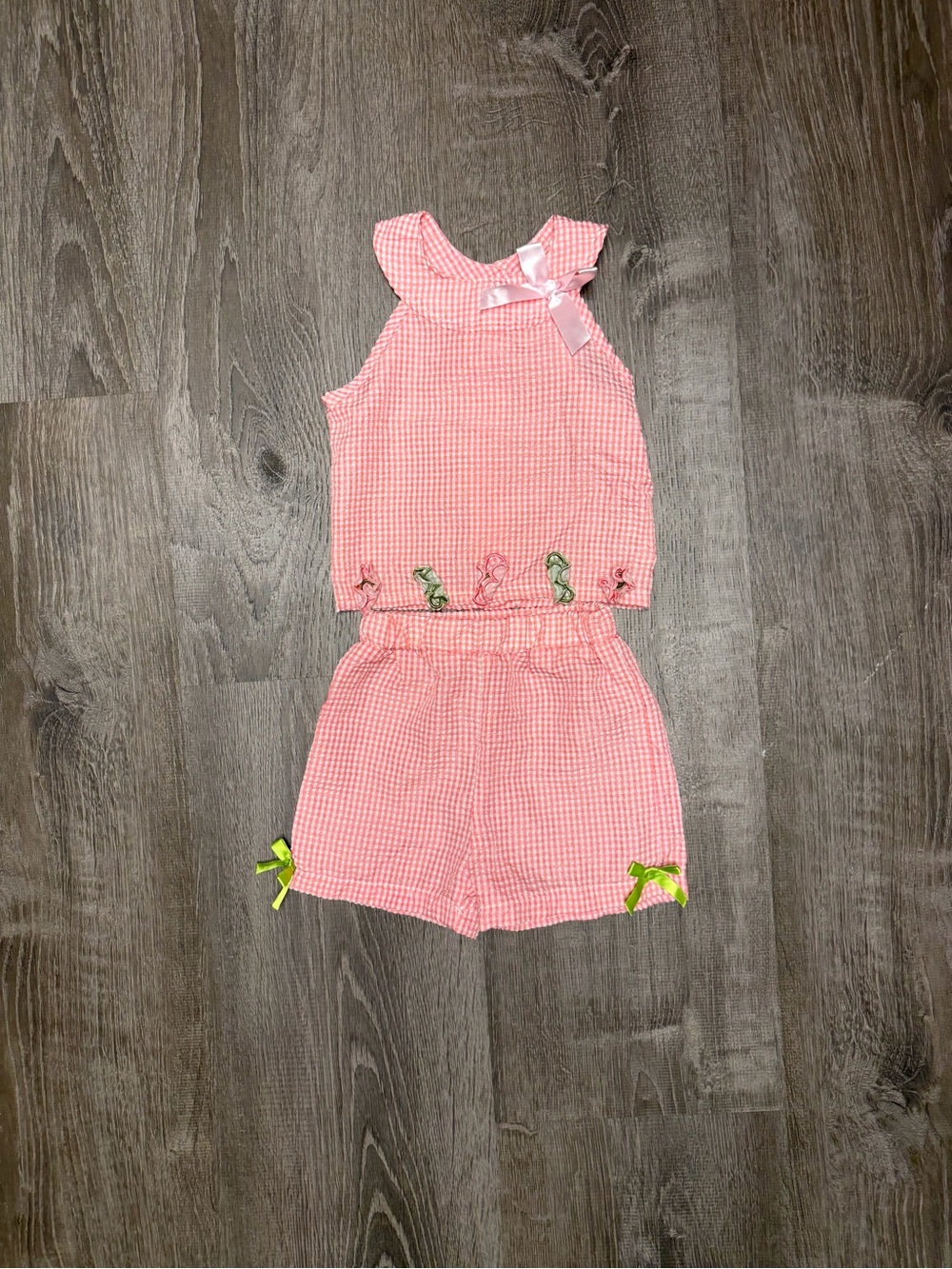 Girls Pink Gingham Shorts Set with Decorative Bows